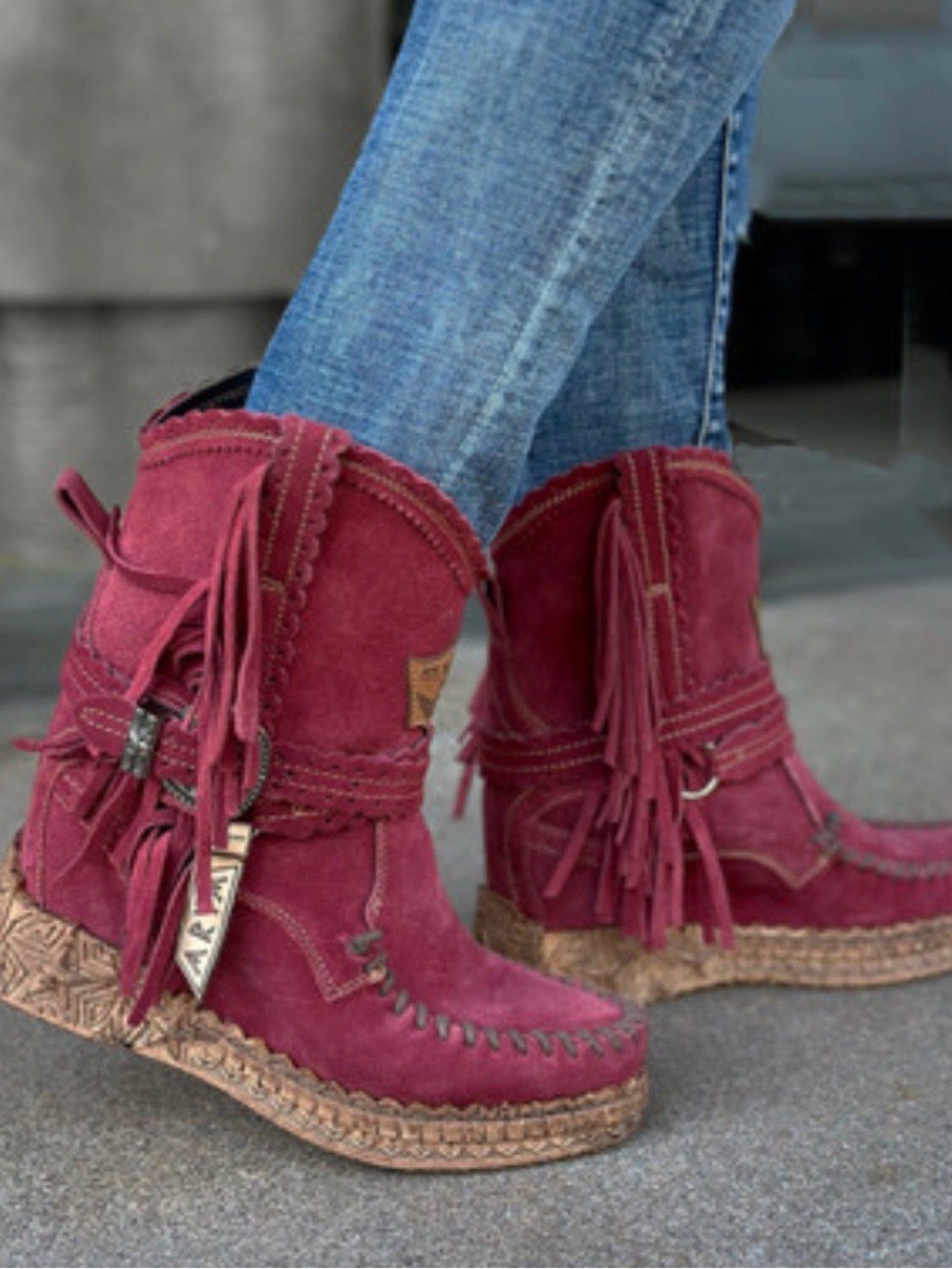El Vaquero Moccasin Boots Burgundy Suede Fringe Wedge Booties Ayra Silverstone